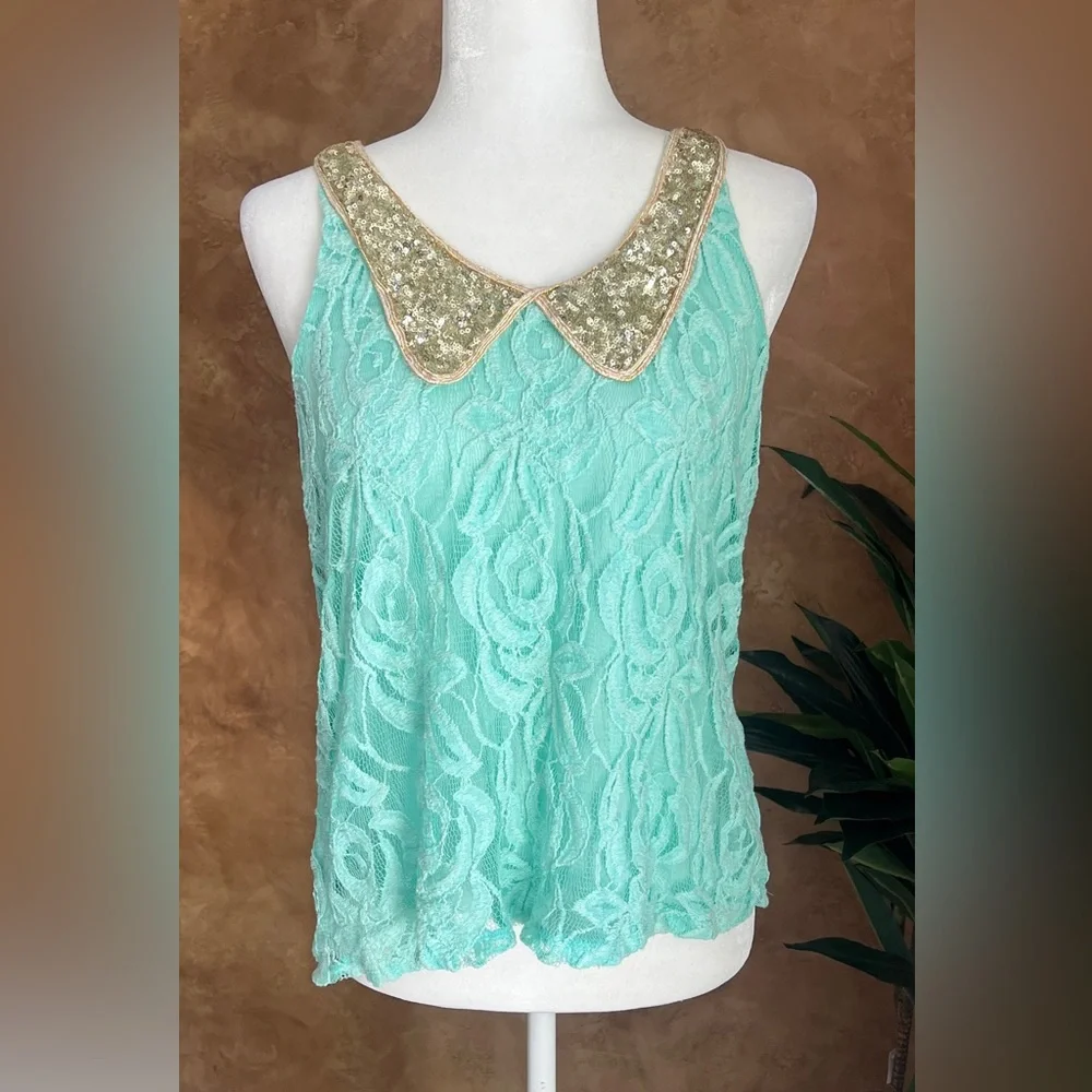 Daytrip Teal sheer sleeveless gold collar top sz Medium - Picture 1 of 7